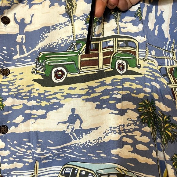 Art of Eddy Y by Reyn Spooner Surfer and Woody Print Short Sleeve Hawaiian Shirt - Picture 6 of 7